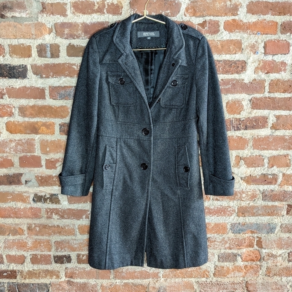 Kenneth Cole Reaction 8P Gray Wool Blend Long Button Down Lined Trench Coat